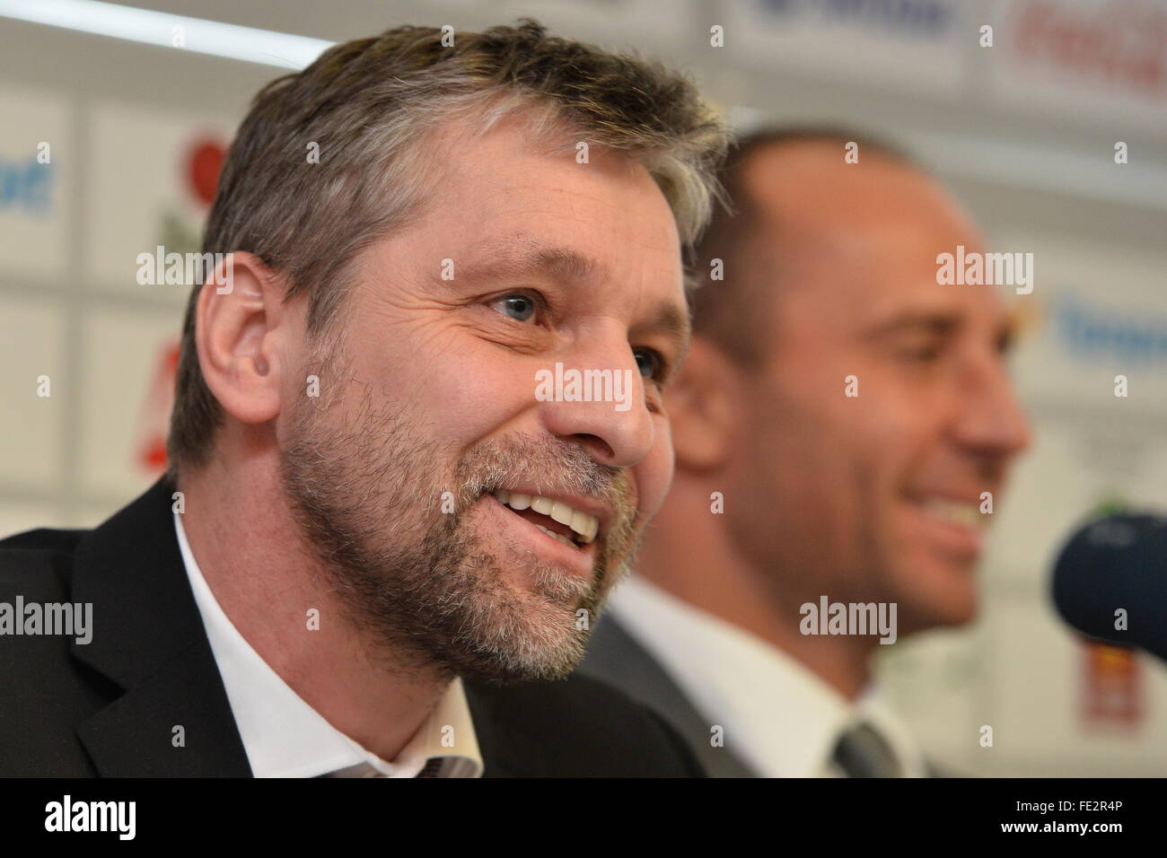Prague, Czech Republic. 04th Feb, 2016. Press conference to announce national hockey teams roster for Euro Hockey Tour two games with Russia and present new operational team for 2016/17 season with coach Josef Jandac (left) and future general manager of national hockey team Martin Rucinsky in Prague, Czech Republic, February 4, 2016. © Katerina Sulova/CTK Photo/Alamy Live News Stock Photo