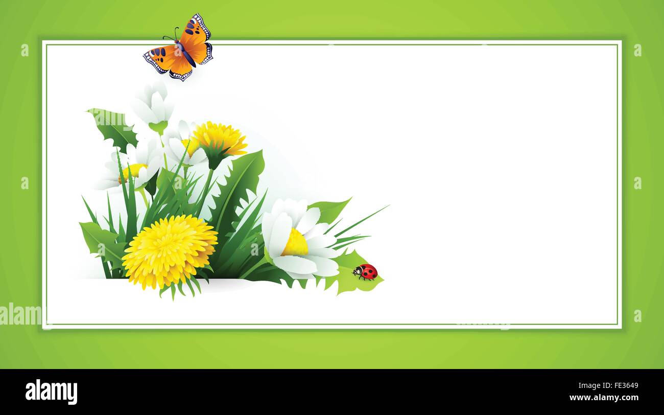 Fresh spring background with grass, dandelions and daisies Stock Vector ...