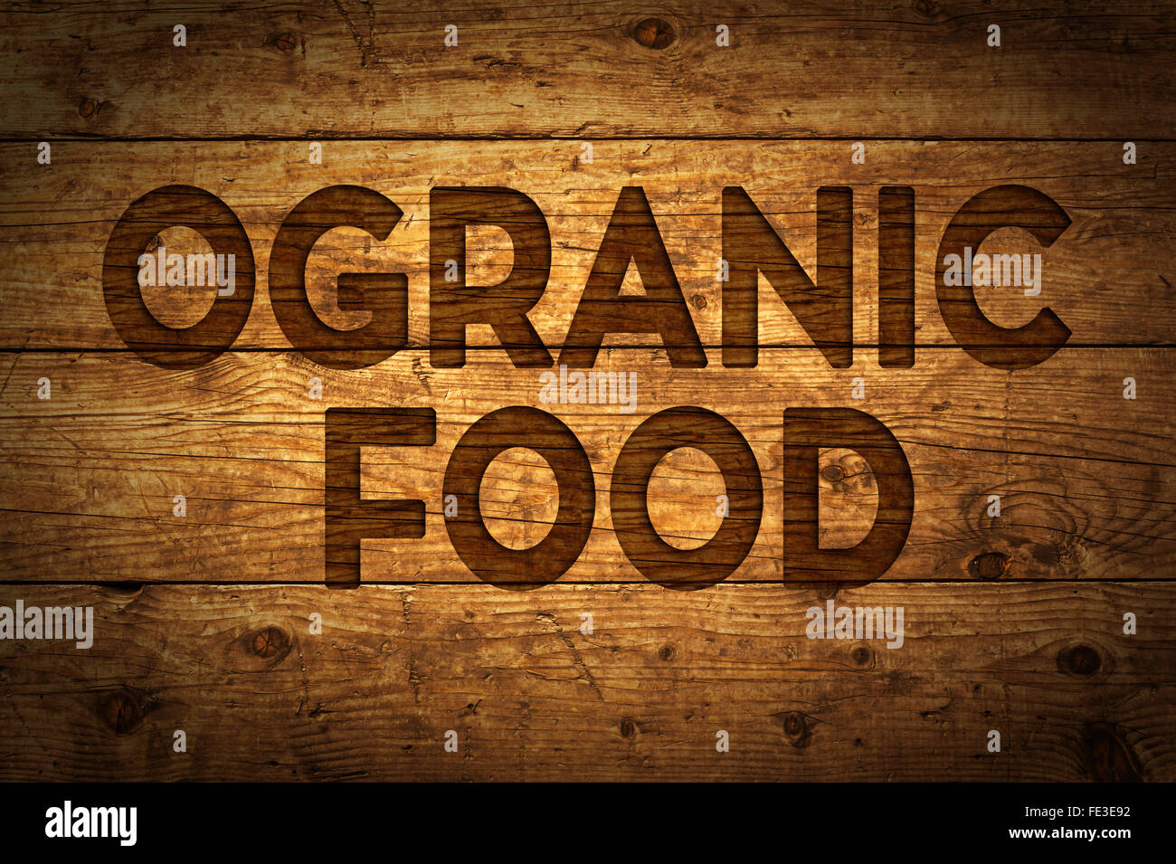 Grunge wood with text Organic Food. Stock Photo