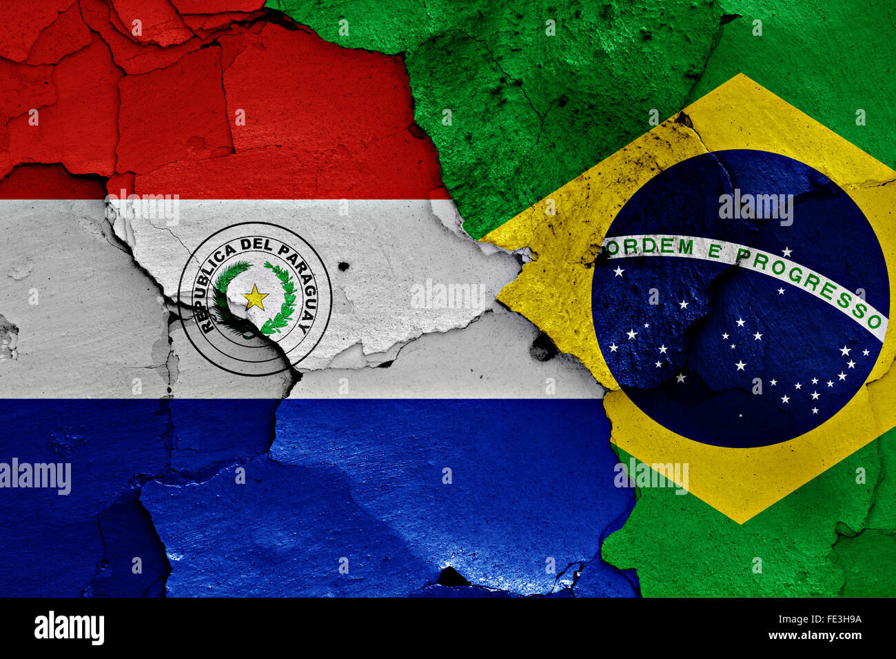 Flags Of Paraguay And Brazil Painted On Cracked Wall Stock Photo Alamy