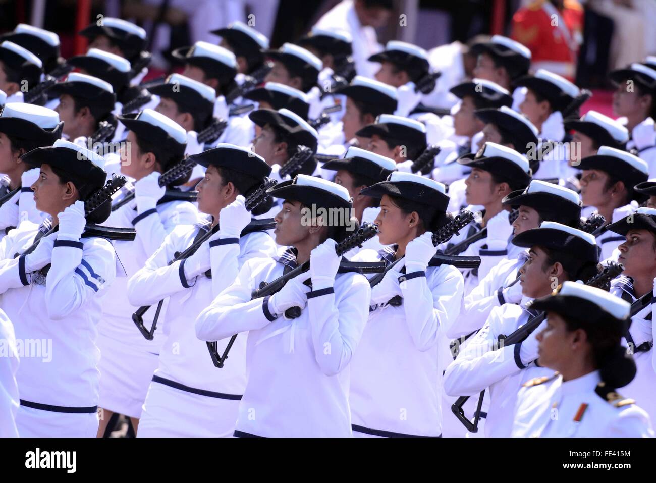 Colombo, Sri Lanka. 4th Feb, 2016. Sri Lankan Naval soldiers march during the 68th Independence Day celebration parade in Colombo, capital of Sri Lanka, Feb. 4, 2016. Sri Lanka on Thursday celebrated the 68th anniversary of gaining independence from the British colonial rule in 1948. This year the theme is 'Ekama Deyak, Maha Balayak' (One Nation, Great Power). Credit:  Gayan Sameera/Xinhua/Alamy Live News Stock Photo