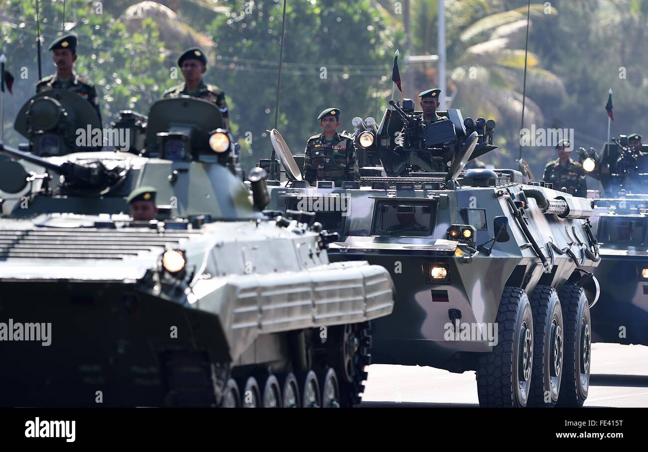 Colombo, Sri Lanka. 4th Feb, 2016. Sri Lankan armored vehicles roll out during the 68th Independence Day celebration parade in Colombo, capital of Sri Lanka, Feb. 4, 2016. Sri Lanka on Thursday celebrated the 68th anniversary of gaining independence from the British colonial rule in 1948. This year the theme is 'Ekama Deyak, Maha Balayak' (One Nation, Great Power). Credit:  A.Rjhita/Xinhua/Alamy Live News Stock Photo