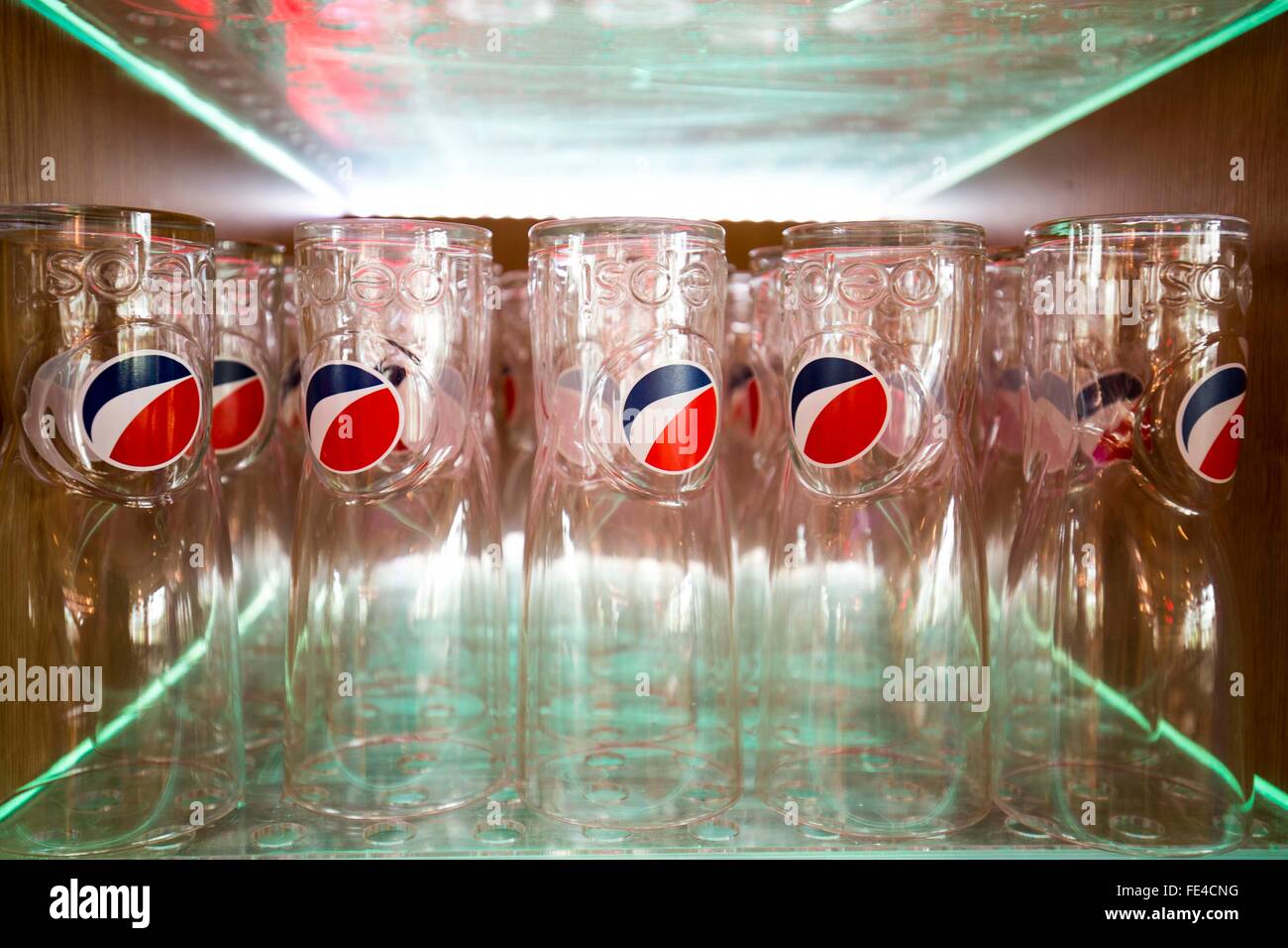 Pepsi-Cola glasses in a Pizza Hut Restaurant Stock Photo