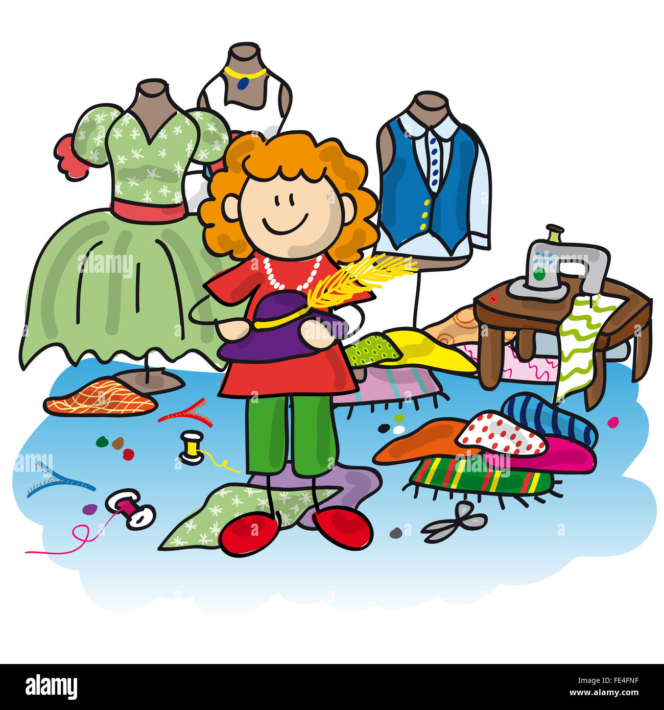 Costume maker cartoon character in her shop Stock Photo - Alamy
