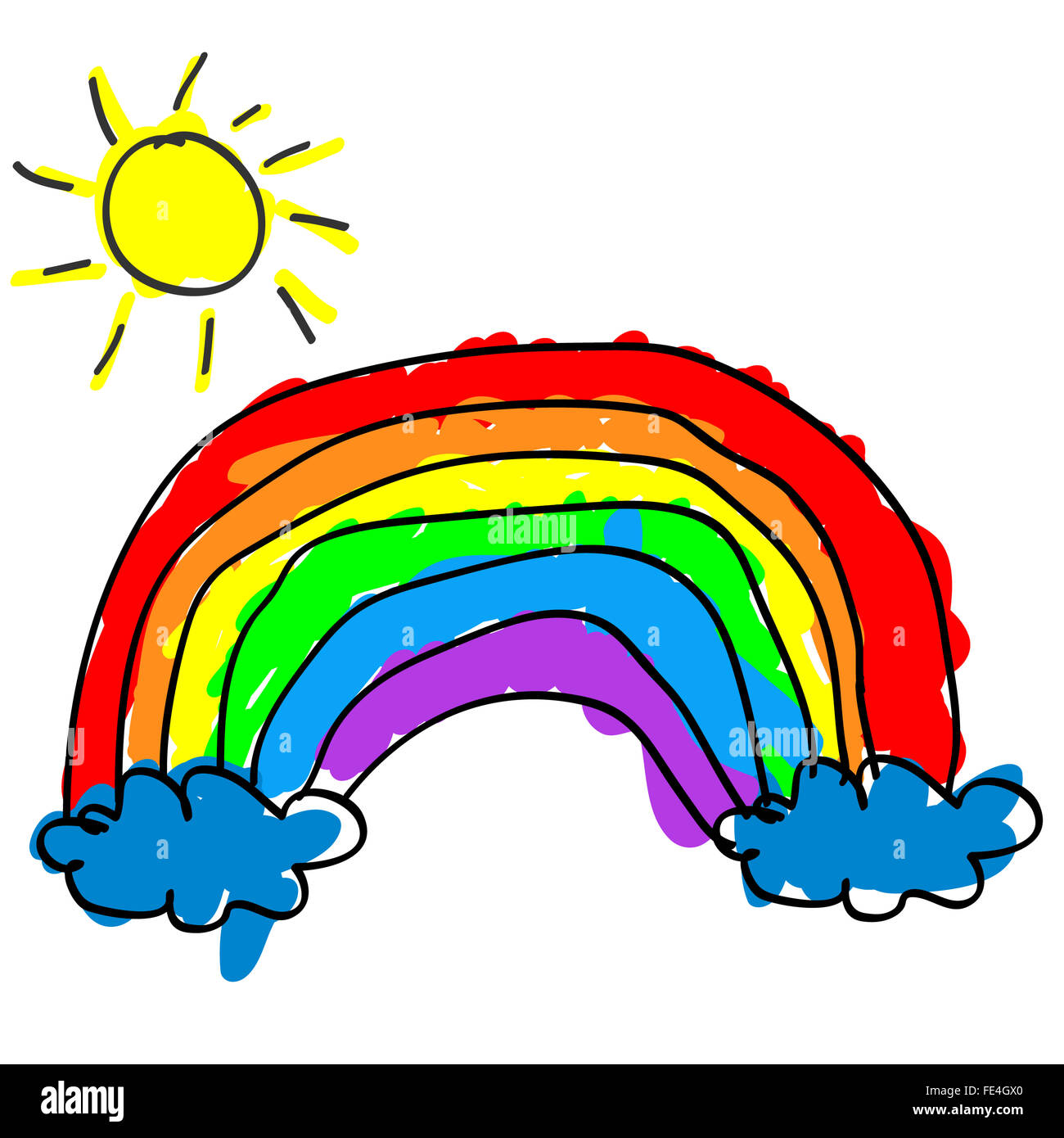 Childlike cute rainbow with color outside the outline like a kid's drawing and coloring Stock Photo