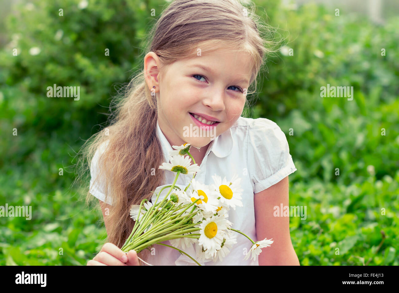 Cute smiling girl with a bouquet of daisies on green background Stock Photo