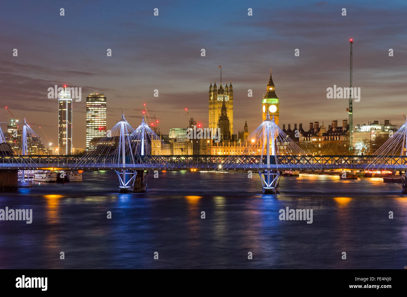 View of British houses of parliament  at dusk Stock Photo