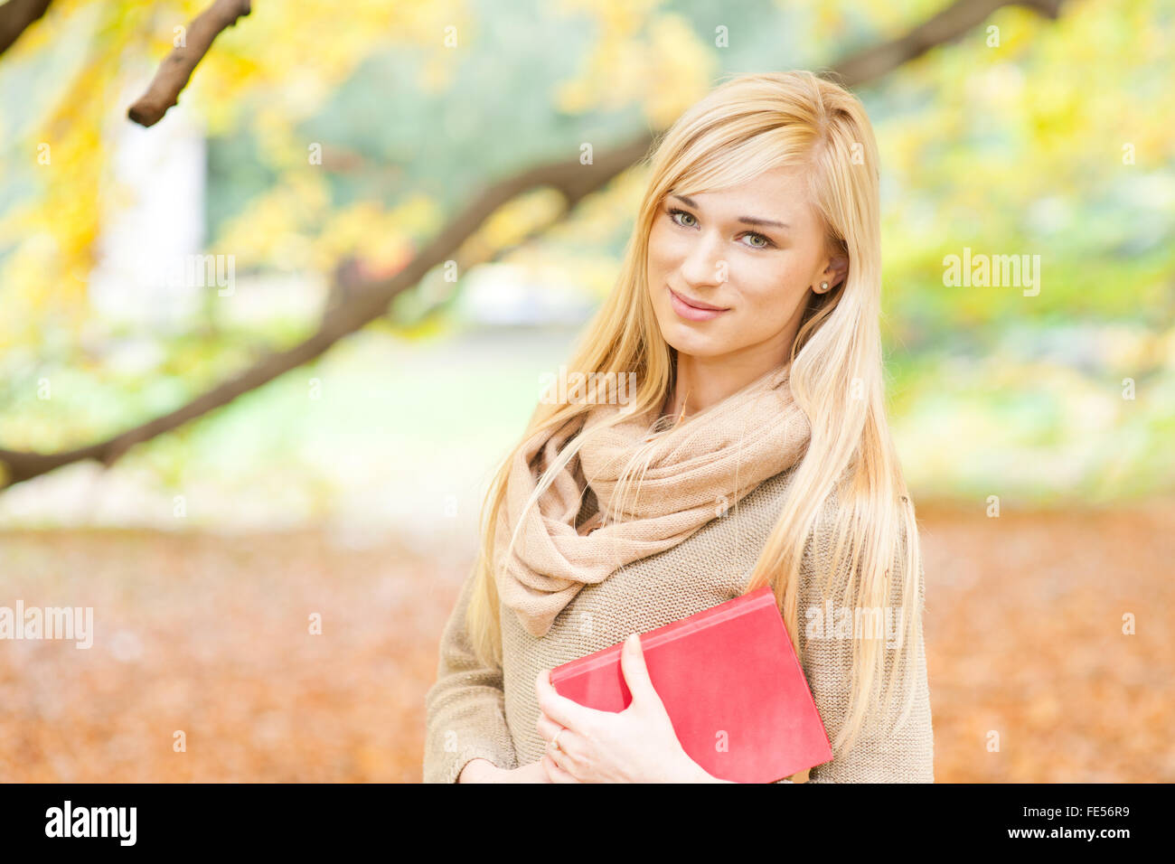 Beautiful young blond woman - colorful autumn portrait Stock Photo - Alamy