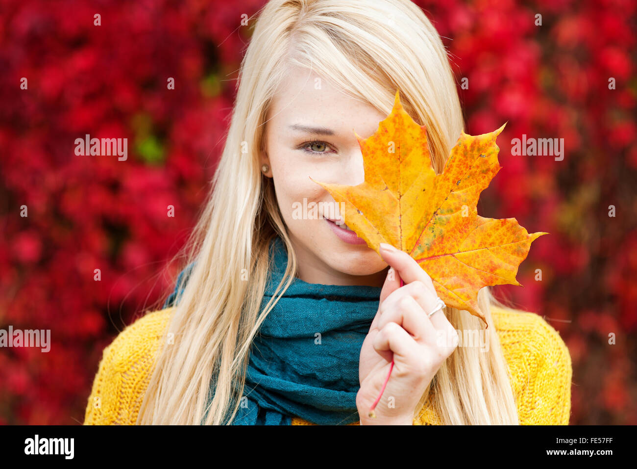 Beautiful young blond woman - colorful autumn portrait Stock Photo - Alamy