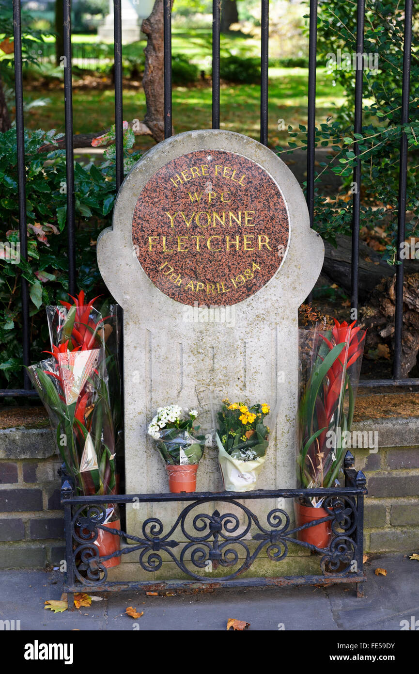 A memorial plaque for Yvonne Fletcher who was a British police officer fatally shot during protest outside the Libyan embassy. Stock Photo