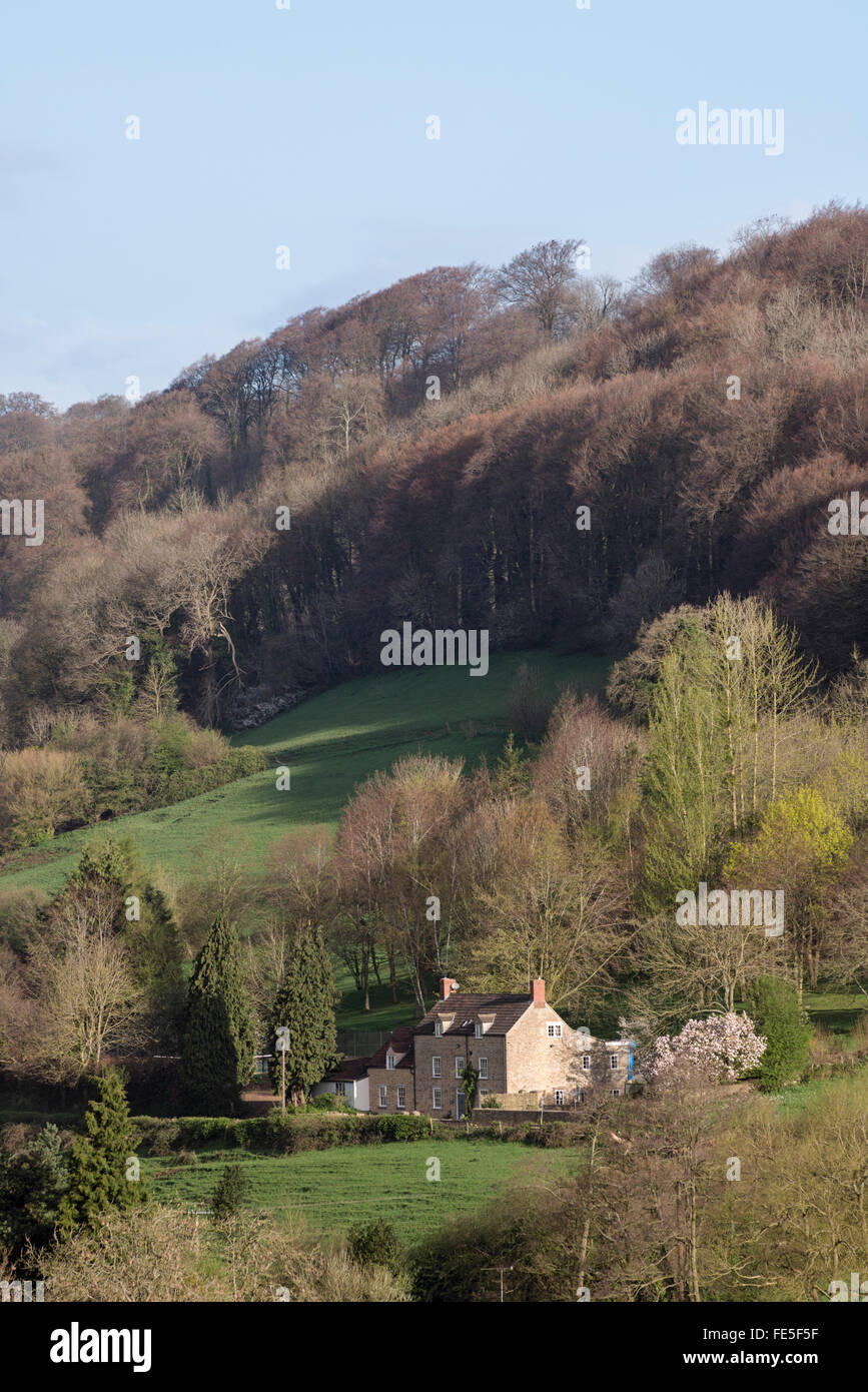Cotswold cottage with farmland and beech woodland Stock Photo