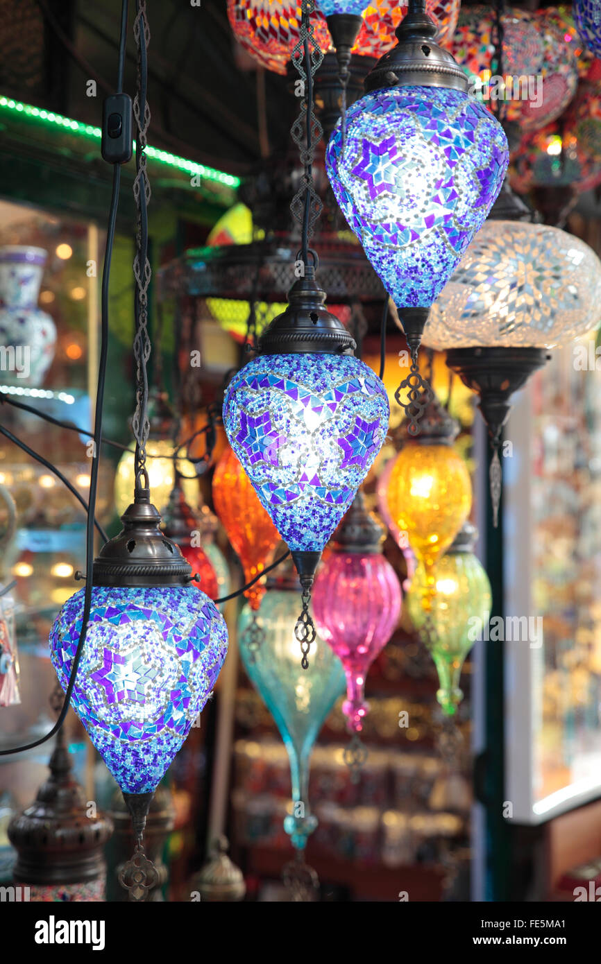 Colorful Hanging Turkish Ceramic Lamps Souvenirs in Istanbul, Turkey