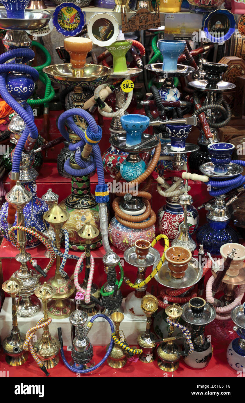 Colorful Turkish Ceramic Hookah Pipes in Istanbul, Turkey Stock Photo