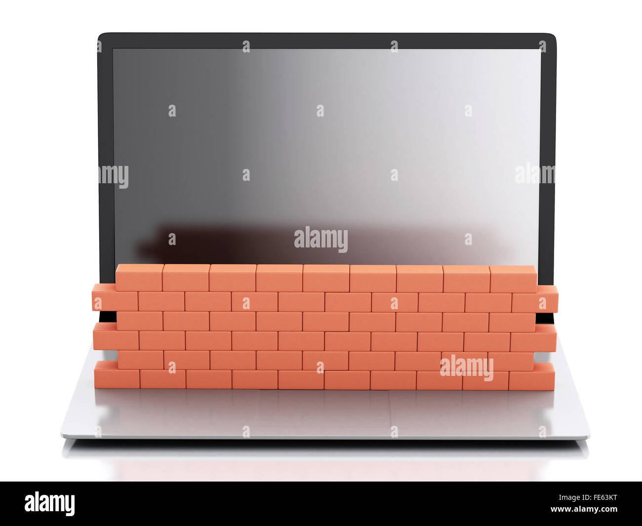 3d renderer image. Laptop with brick wall. Firewall concept. Isolated ...