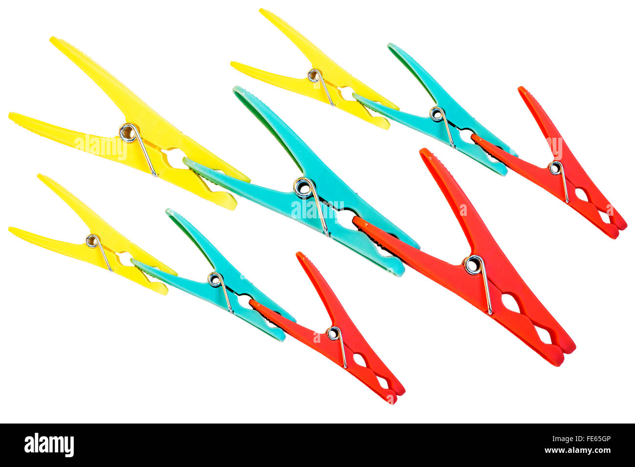 Nine coloured pegs clipped together against a white background Stock Photo