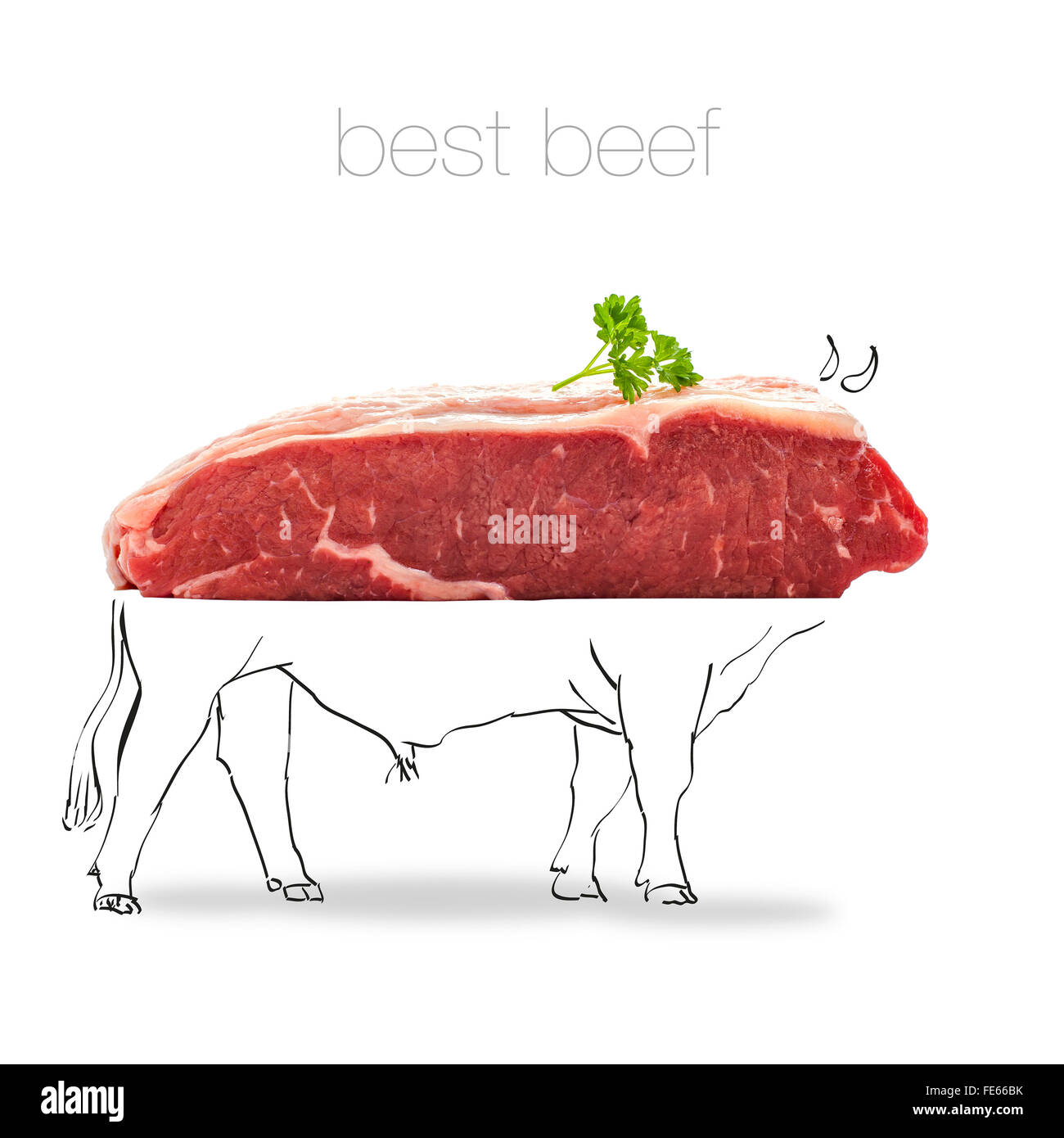 Raw rump steak with bull sketch isolated on white Stock Photo