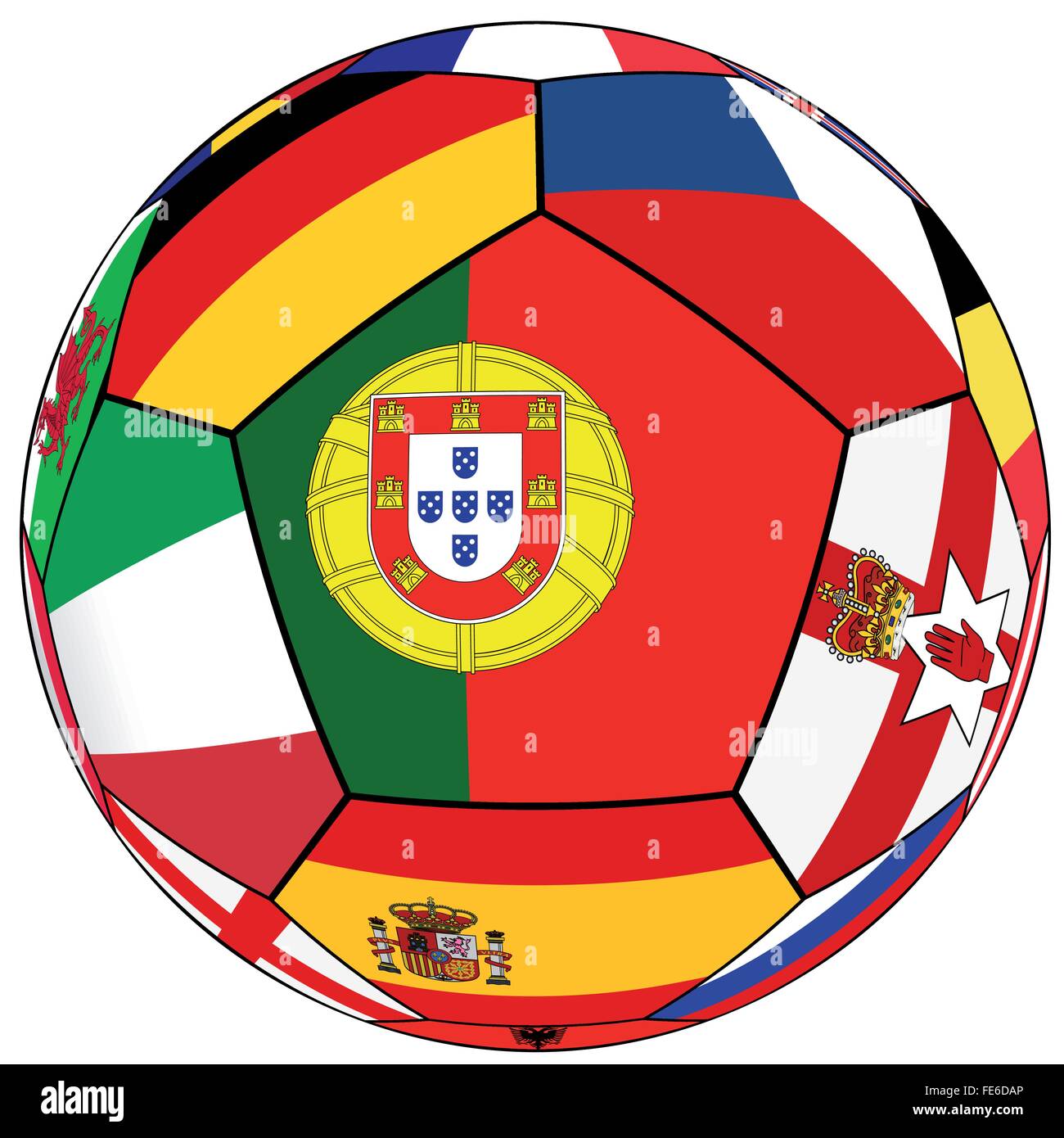 Soccer ball on a white background with flags of European countries - flag of Portugal in the center Stock Vector