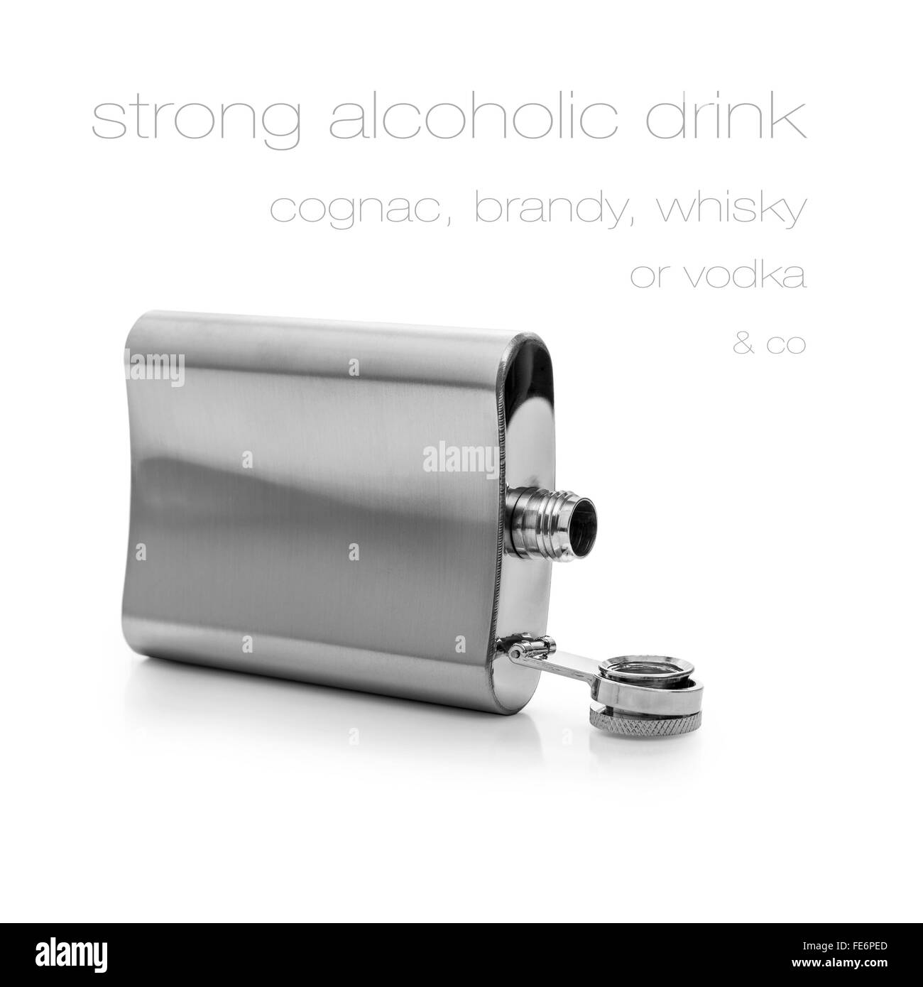 Open hip flask bottle of lying made of metal, isolated on white Stock Photo