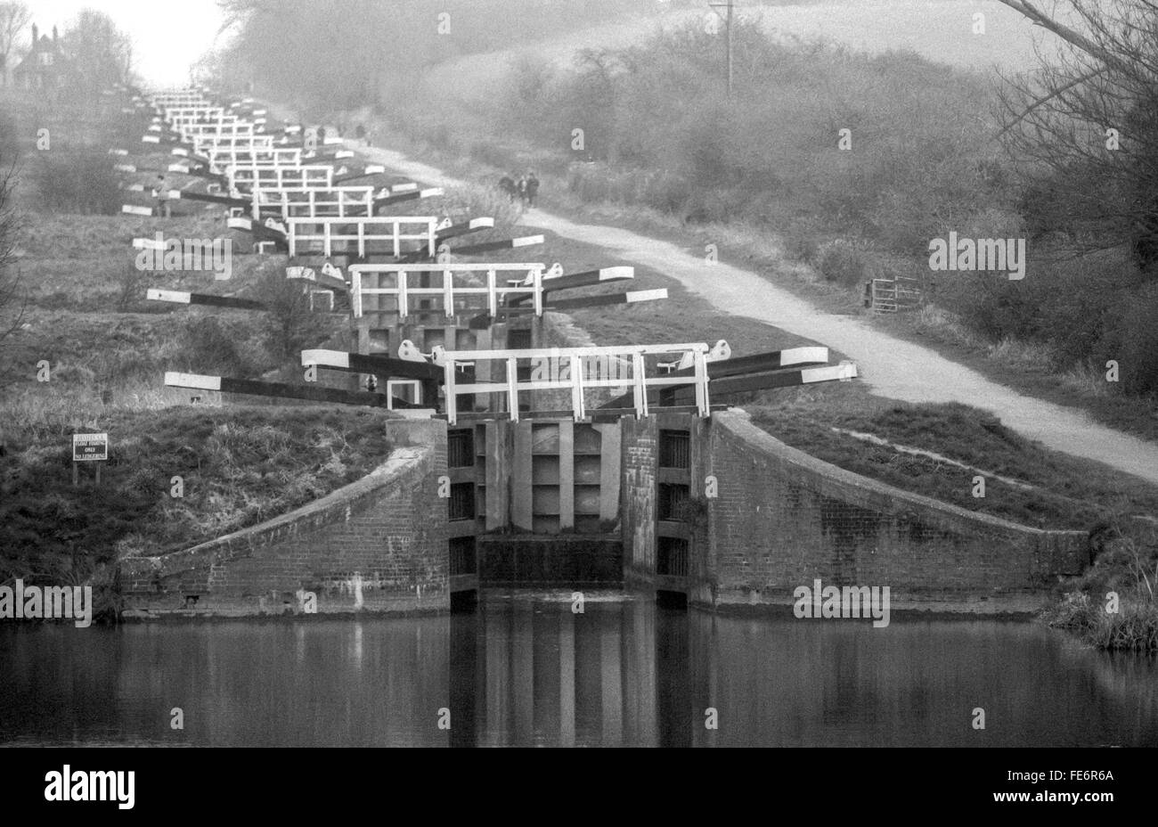 Caen Hill locks on the Kennet and Avon Canal at Devizes in England. Stock Photo