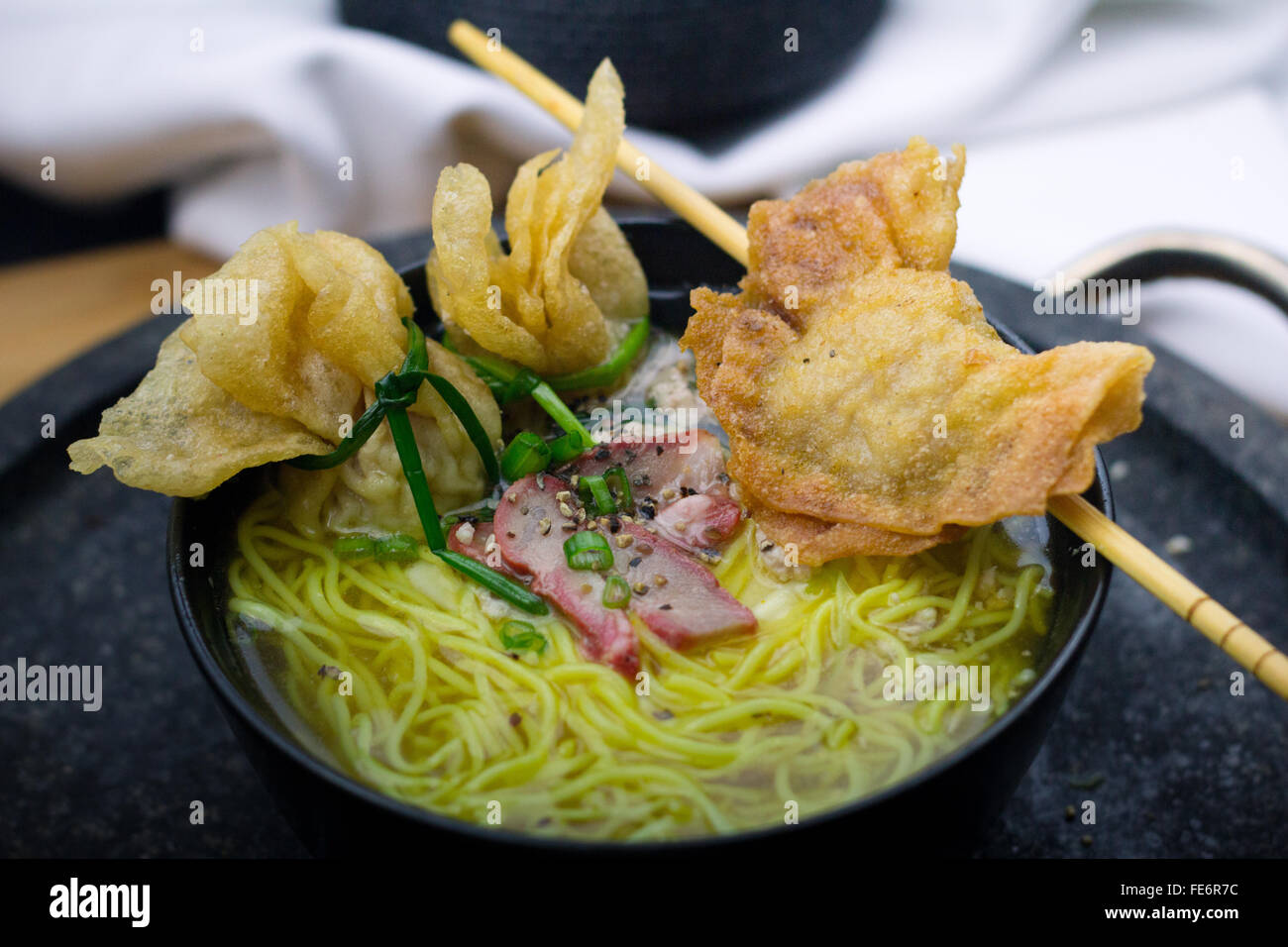Traditional Chinese Deep Fried WonTon Dumpling Soup, Noodle Soup