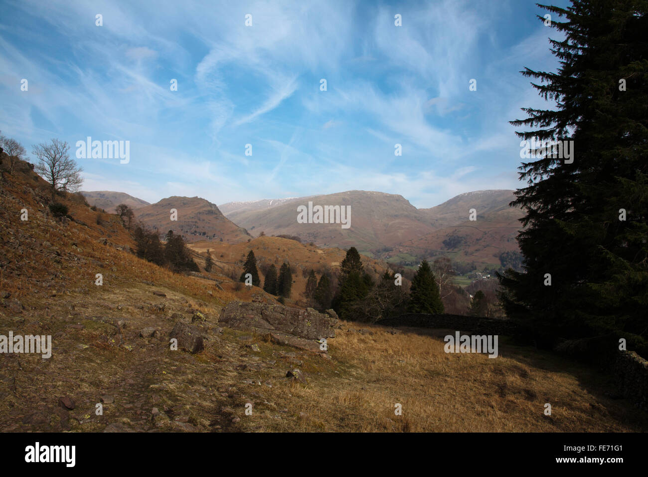 Helm Crag from the path by Silver How above Grasmere Lake District Cumbria England Stock Photo