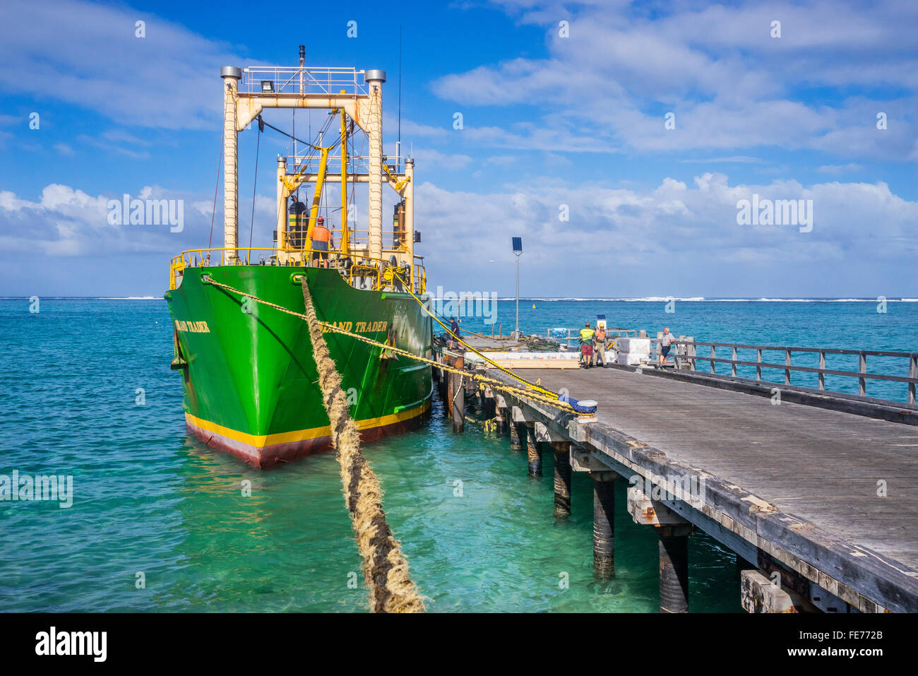 Lord Howe Island in the Tasman Sea, Freight ship MV Island Trader unloading cargo at Lord Howe Island Wharf Stock Photo