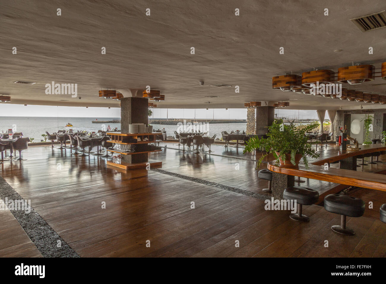 Empty café / restaurant / bar at the International Museum of Modern Art, (MIAC), Castillo de San José, Arrecife, Lanzarote, Stock Photo