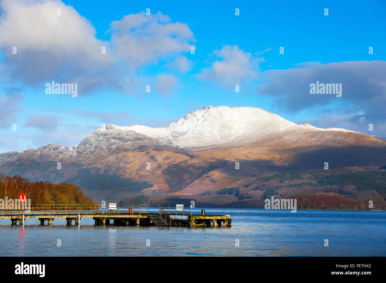 View of Ben Lomond from the Loch side at Luss village, Loch Lomond, Argyll, Scotland, UK Stock Photo