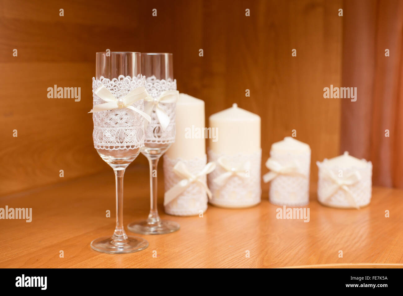 Wedding Glasses The Decorated With The White Ribbon And White