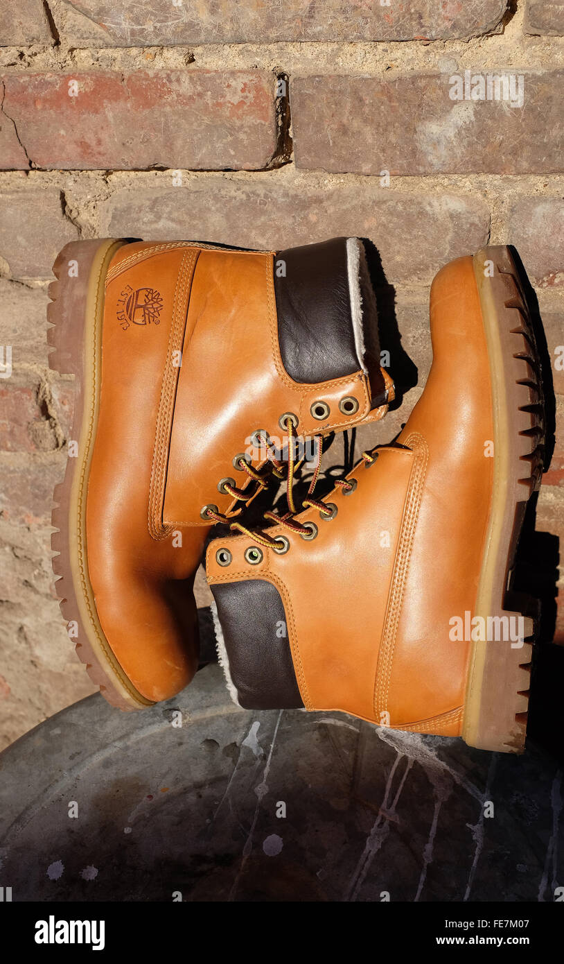 Winter leather Timberland brand boots Stock Photo - Alamy