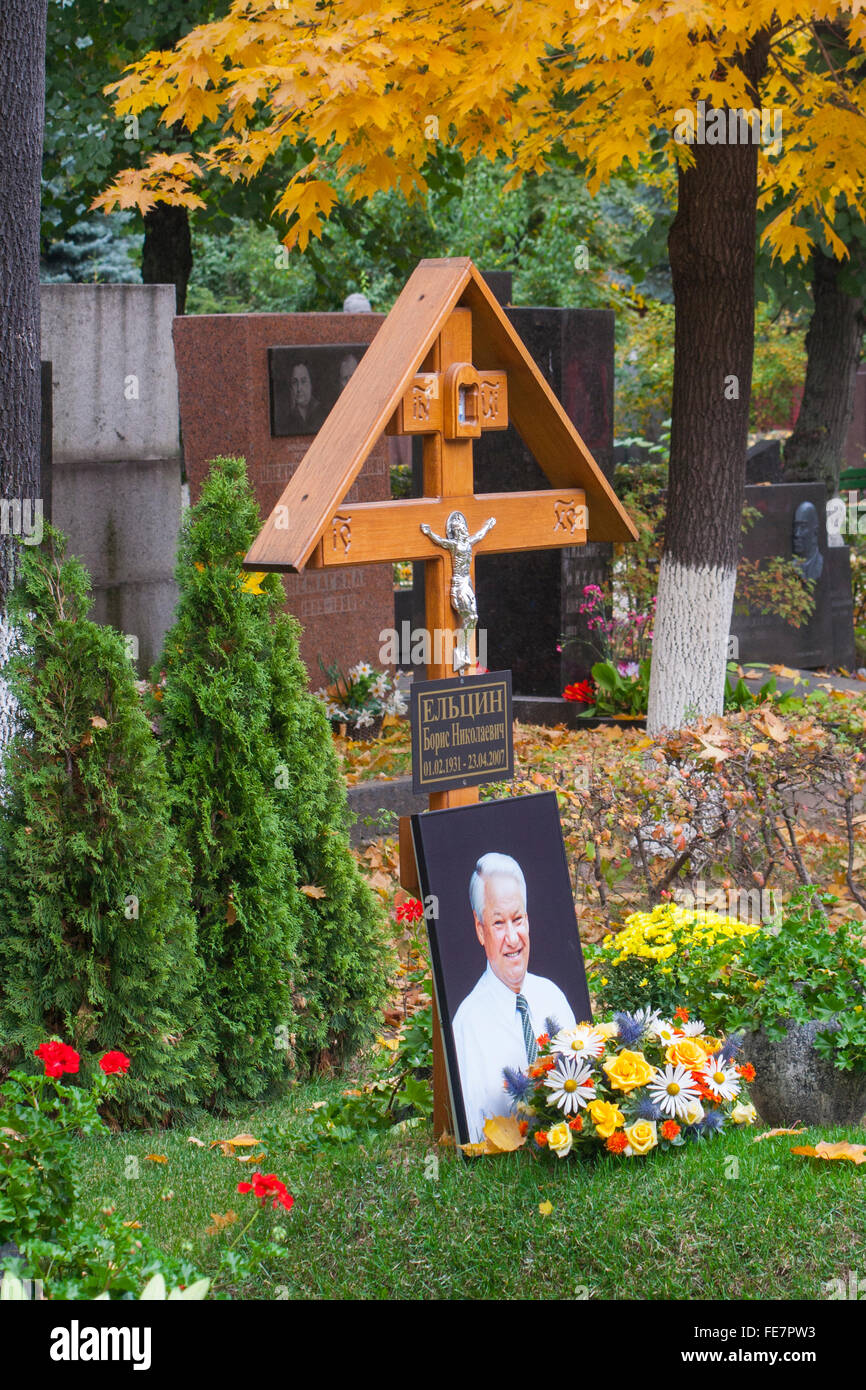 Grave of Boris Nikolayevich Yeltsin, the first President of the Russian Federation, in Novodevichy Cemetery, Moscow, Russia Stock Photo