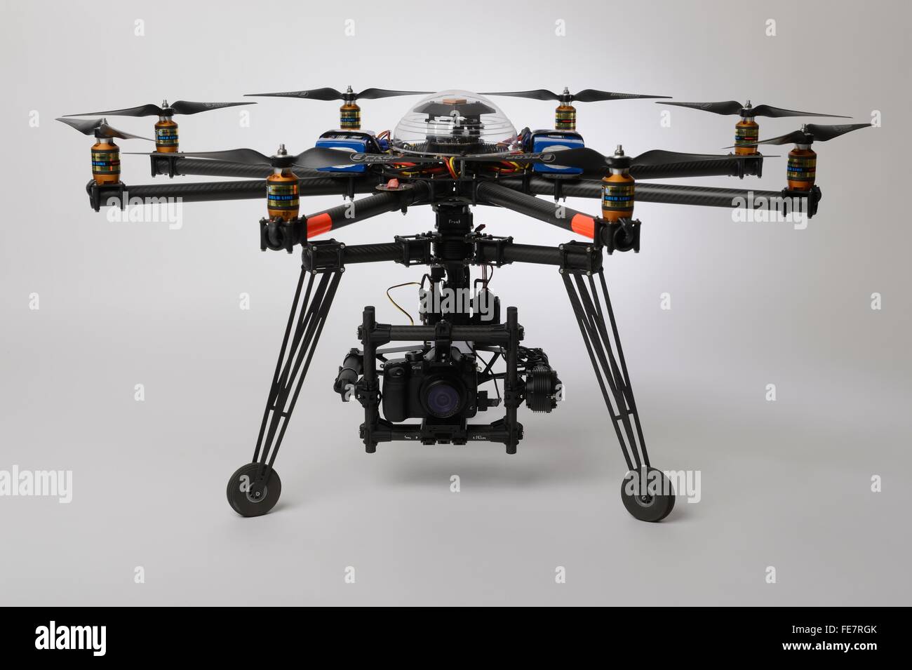 multirotor drone of the octocopter type used for professional aerial photography and cinematography with a stabilized gimbal Stock Photo