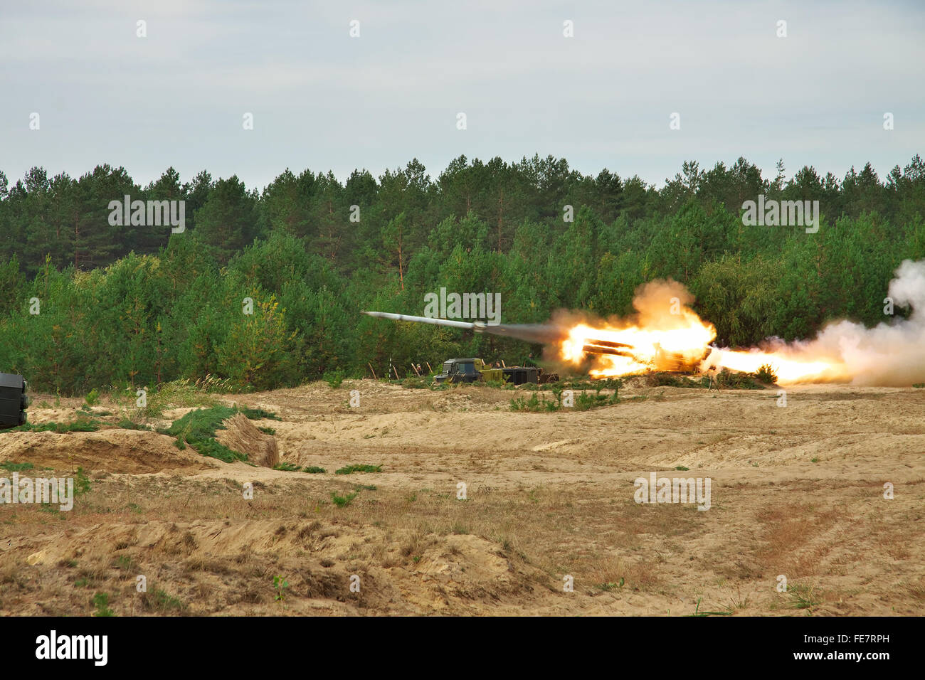 Chernigov Region, Ukraine - September 16, 2010: BM-27 Uragan missile launcher firing during military trainings Stock Photo