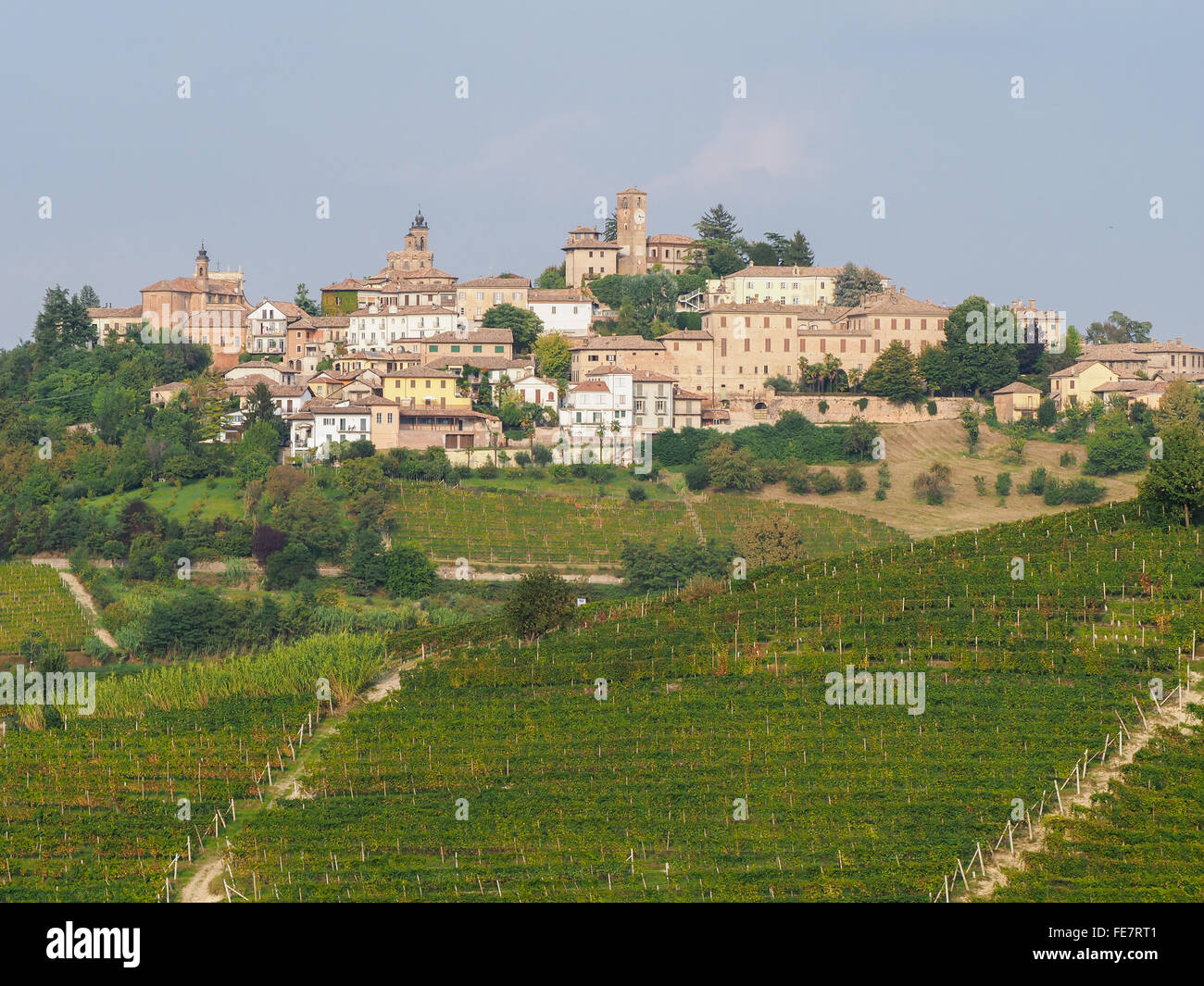 View of the town of Neive, in the Langhe, Piedmont, famous for vineyards and wine production. Stock Photo