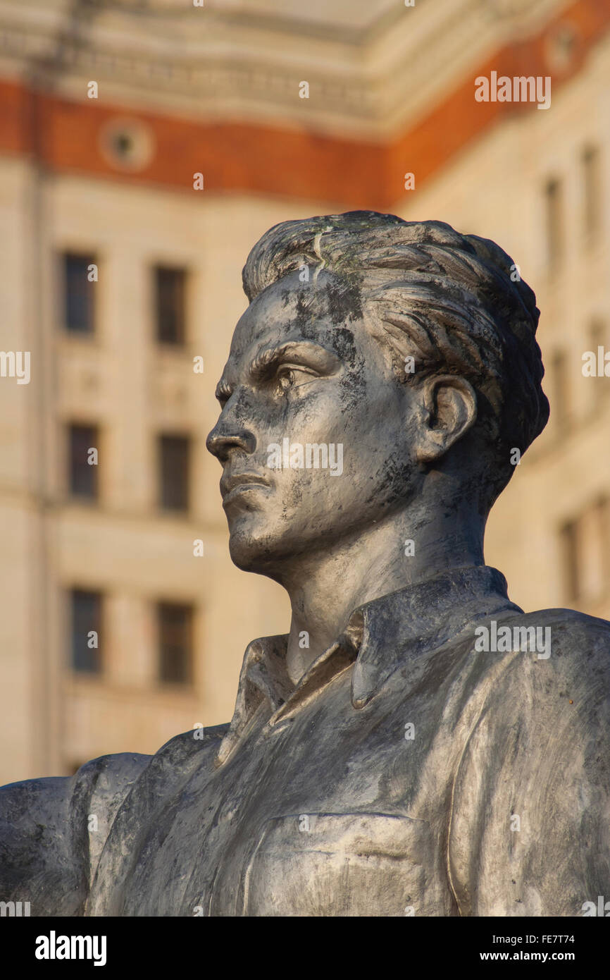 Socialist realist statue of student at Moscow State University, one of Stalin's Seven Sisters Moscow, Russia Stock Photo