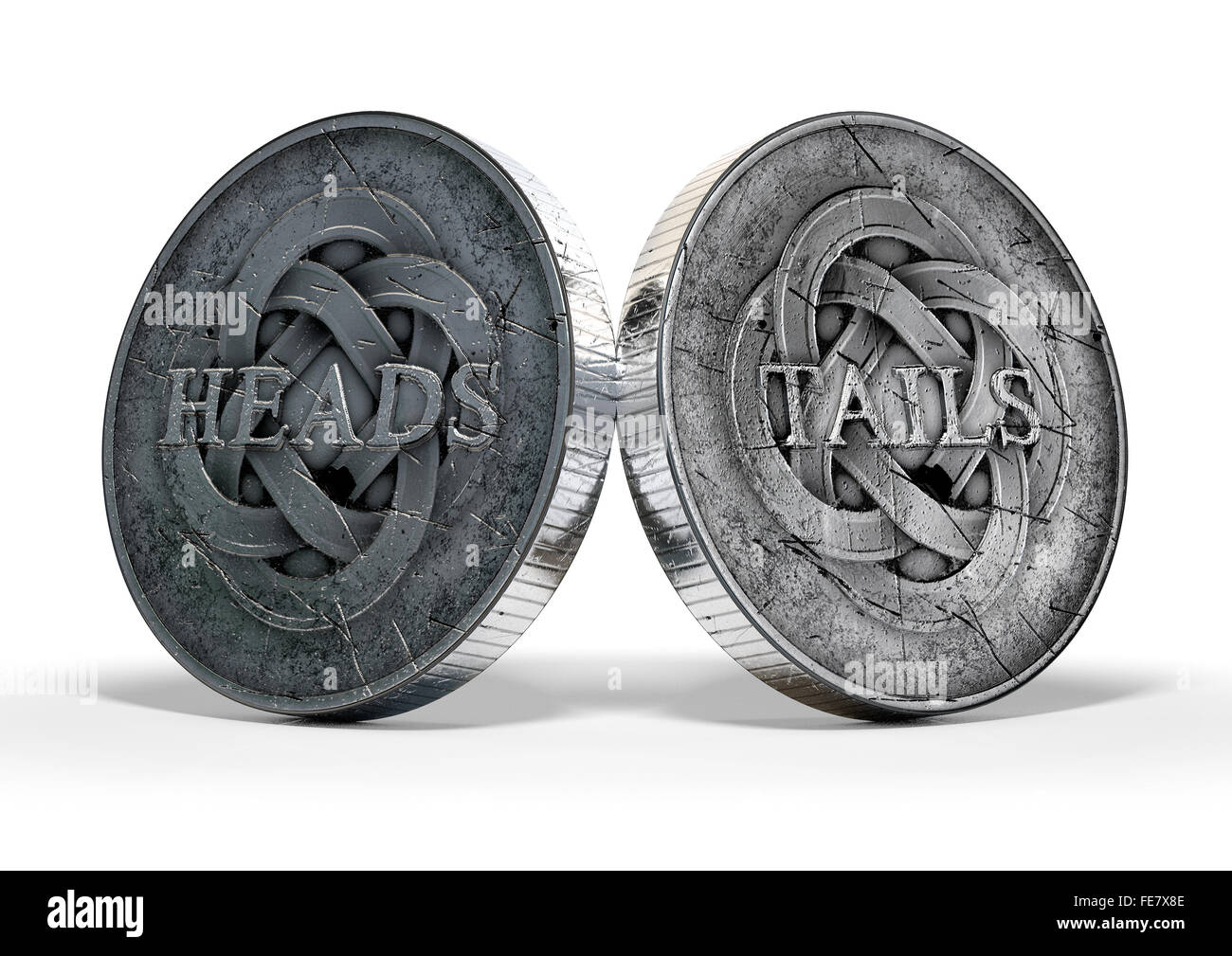 A concept image showing both sides of an antique coin displaying a heads and a tails side on an
