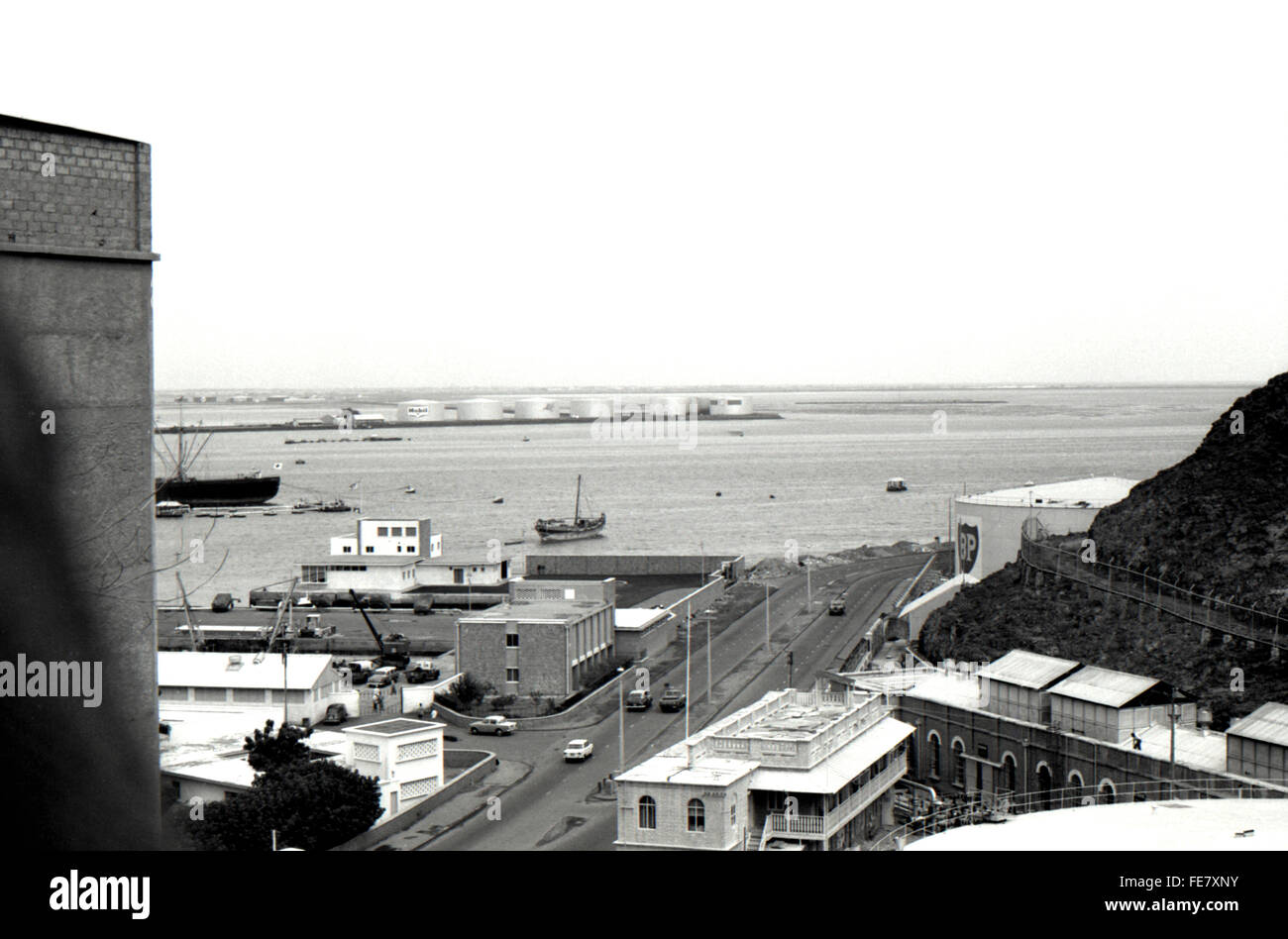 BP Mobil Esso oil tanks Aden docks Yemen 1967  British withdrawal Stock Photo