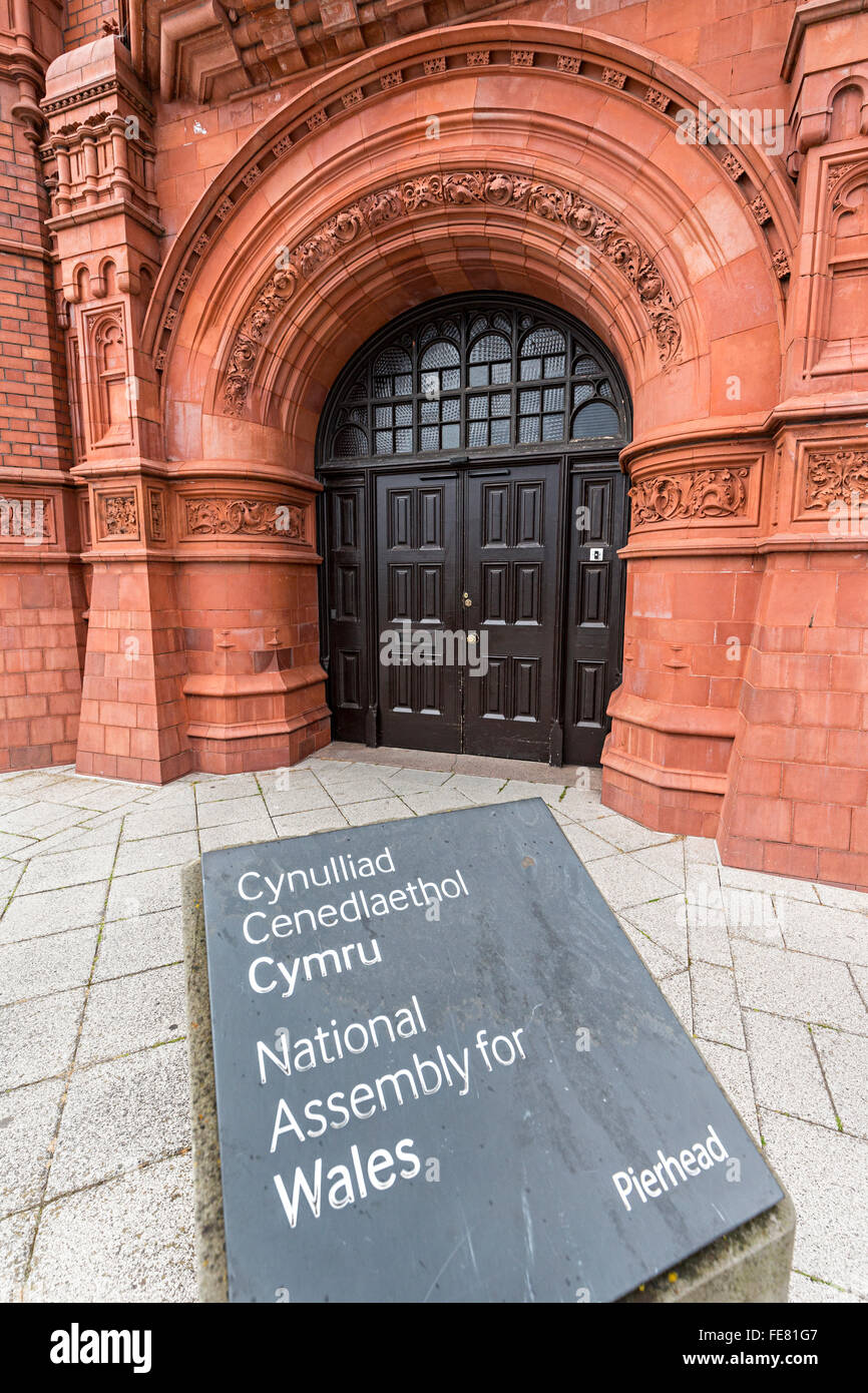Entrance to the Pierhead Building, National Assembly for Wales, Cardiff Bay, UK Stock Photo