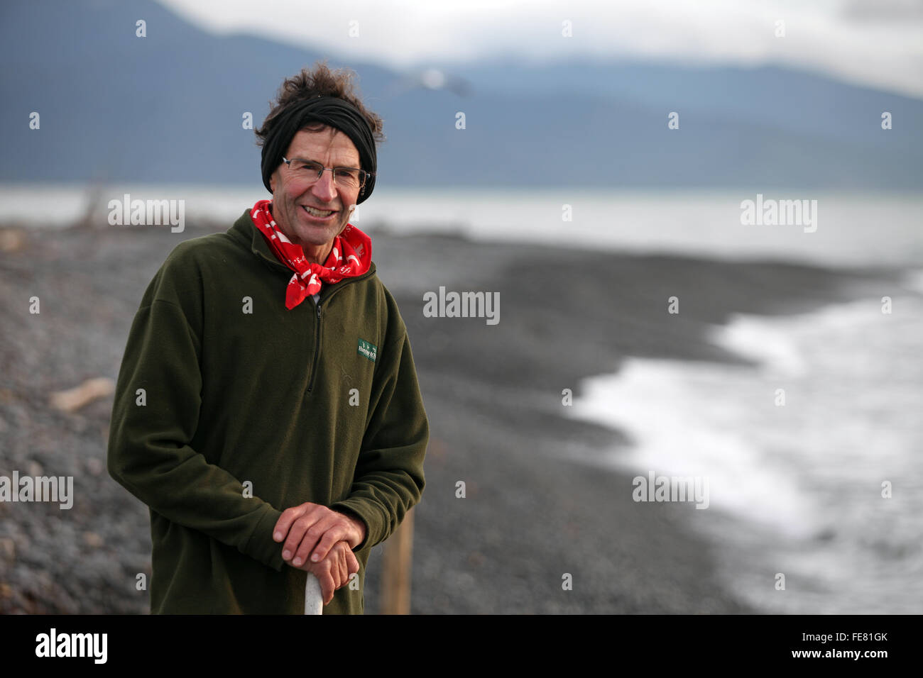 Will Parsons of Driftwood Retreat and Eco-Tours on the bar at Wairau Lagoons, Marlborough, New Zealand Stock Photo