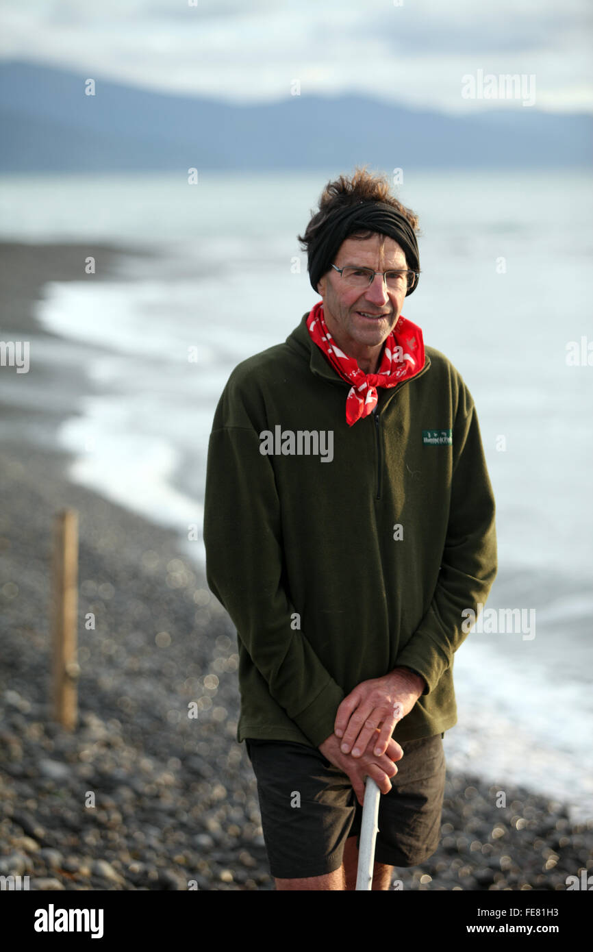 Will Parsons of Driftwood Retreat and Eco-Tours on the bar at Wairau Lagoons, Marlborough, New Zealand Stock Photo
