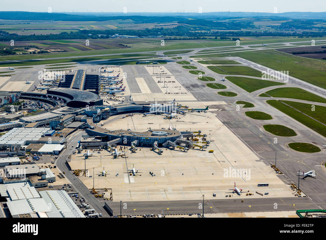 Aerial view, Vienna International Airport, VIE, Tower, Runway runway, apron, Vienna, Schwechat, Lower Austria, Austria, Europe, Stock Photo