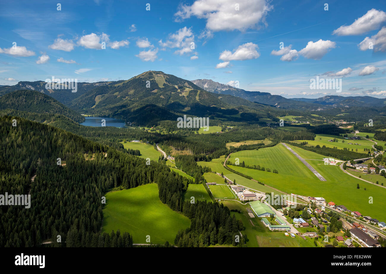 Aerial view, Airfield Mariazell, airstrip, alpine airfield, general aviation, Mariazell, flight over the Alps, Styria, Austria, Stock Photo