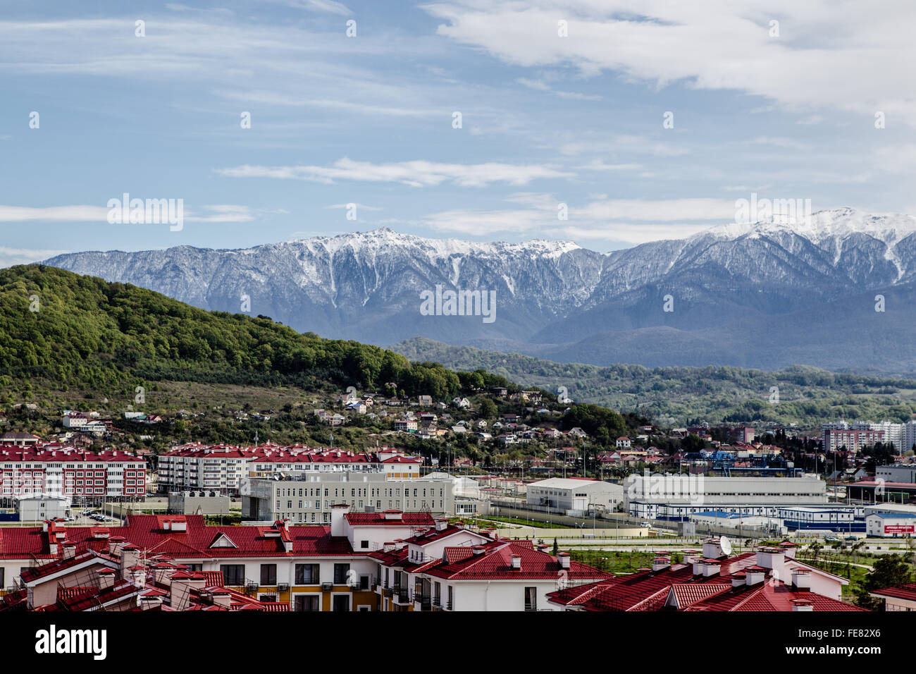 Olmypic village, Sochi in front of the Caucausus mountains Stock Photo