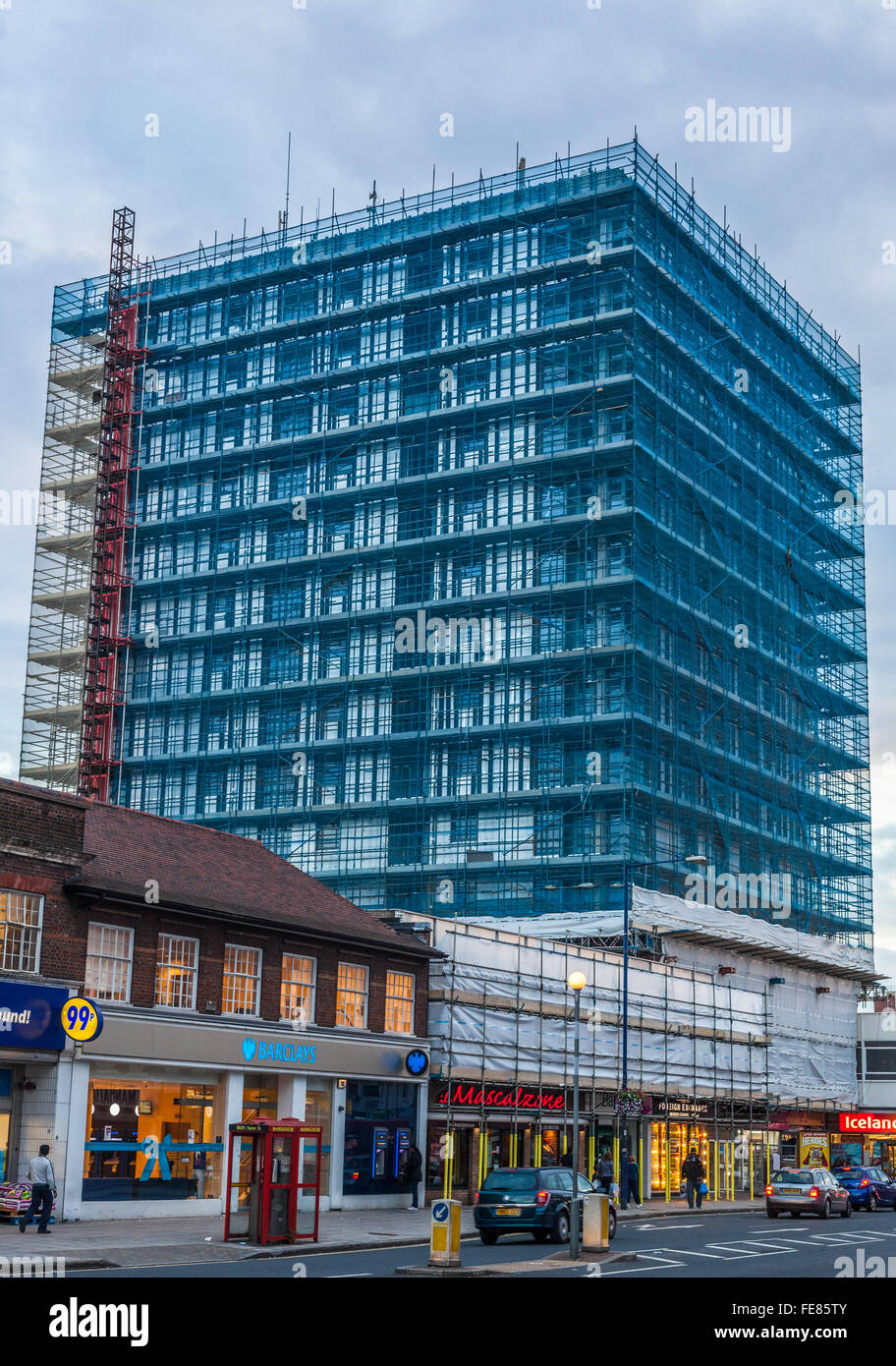 Scaffolding netting on midrise building, Edgware, Greater London