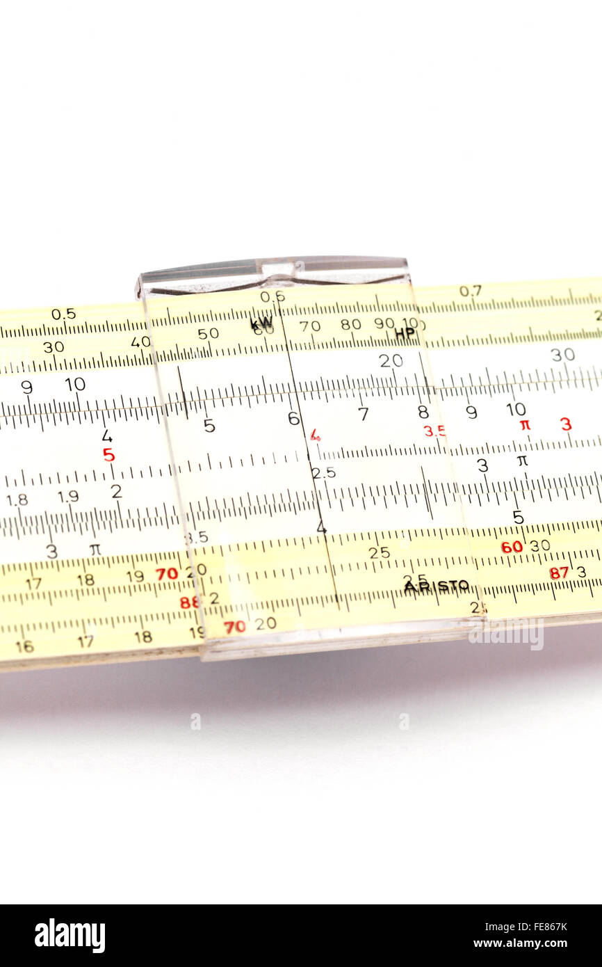 Close up of a slide rule, an old fashioned method of doing maths, Stock Photo