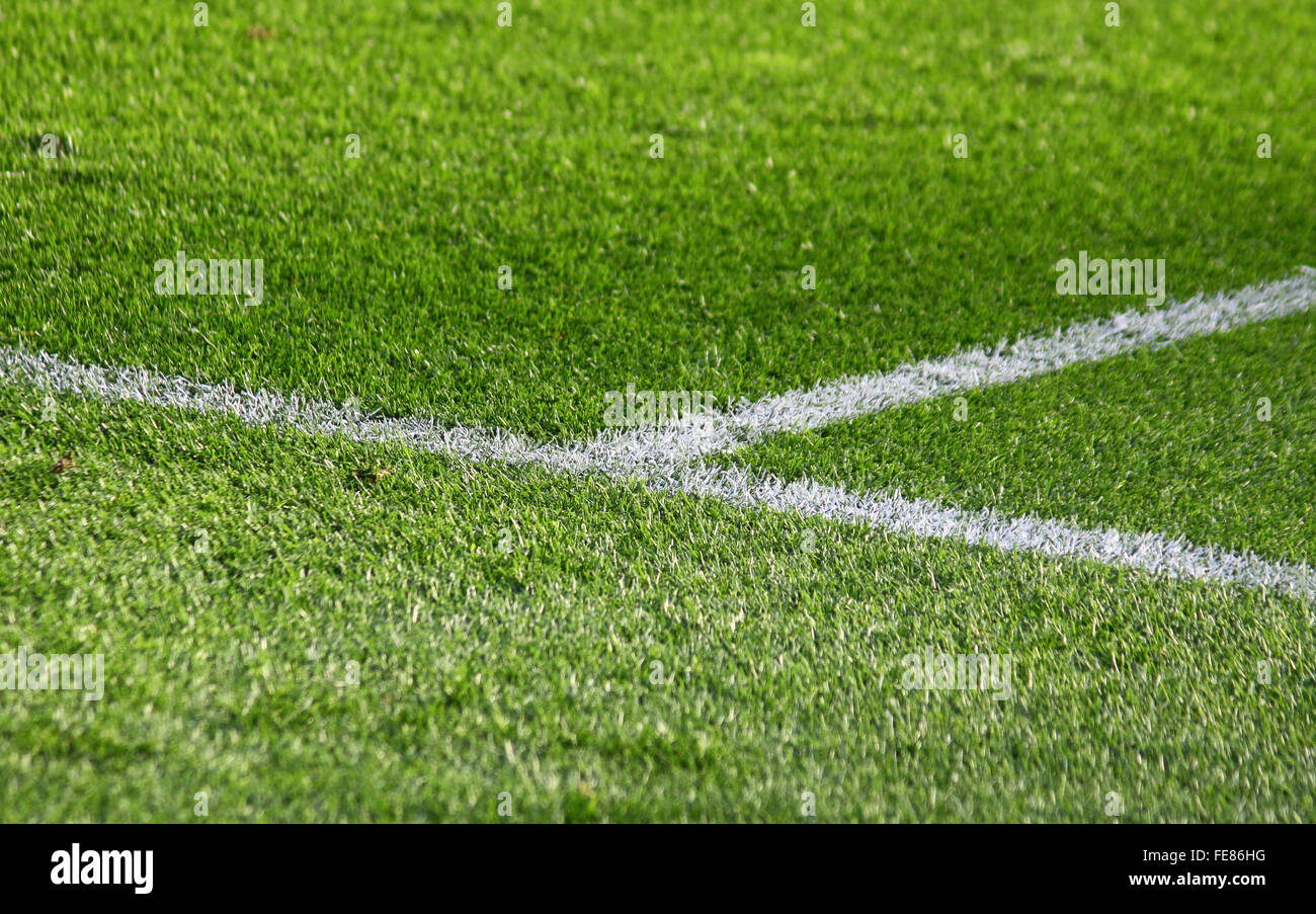 White stripes on the green soccer field Stock Photo