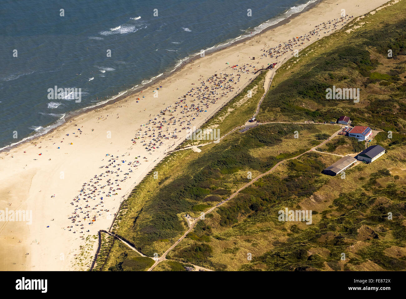 North beach, aerial view, Spiekeroog, North Sea, North Sea island, East Frisian Islands, Lower Saxony, Germany, Europe, Aerial Stock Photo