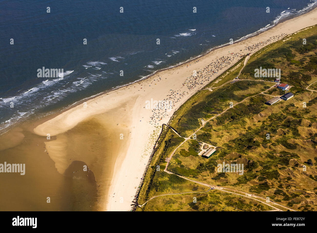 North beach, aerial view, Spiekeroog, North Sea, North Sea island, East Frisian Islands, Lower Saxony, Germany, Europe, Aerial Stock Photo