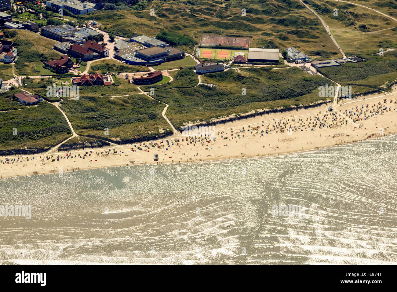 Sandy beach, aerial view, Langeoog, North Sea, North Sea island, East Frisian Islands, Lower Saxony, Germany, Europe, Aerial Stock Photo