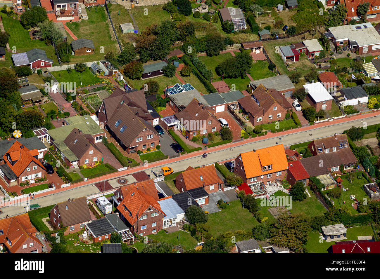 North helmet with holiday homes, aerial, Norderney, North Sea, North Sea island, East Frisian Islands, Lower Saxony, Germany, Stock Photo